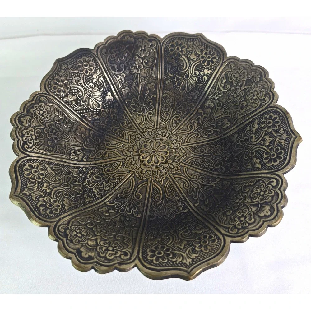 Brass Embossed Floral Scalloped Pedestal Bowl/Compote Metallic Finish